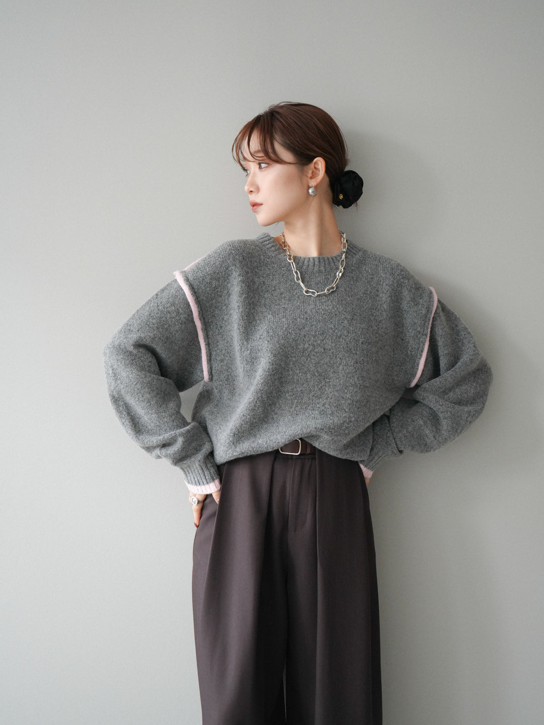 [予約]バイカラーパイピングニットプルオーバー/gray