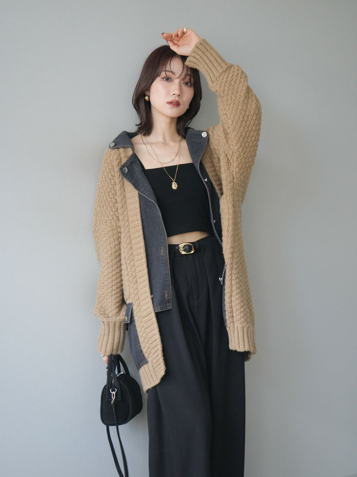 [予約]デニム襟レイヤードニットジャケット/beige
