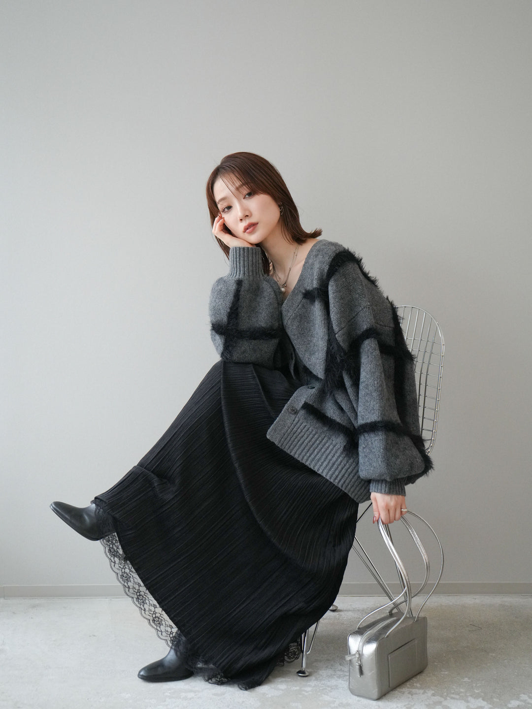 [予約]ミックスシャギーチェックカーディガン/charcoal