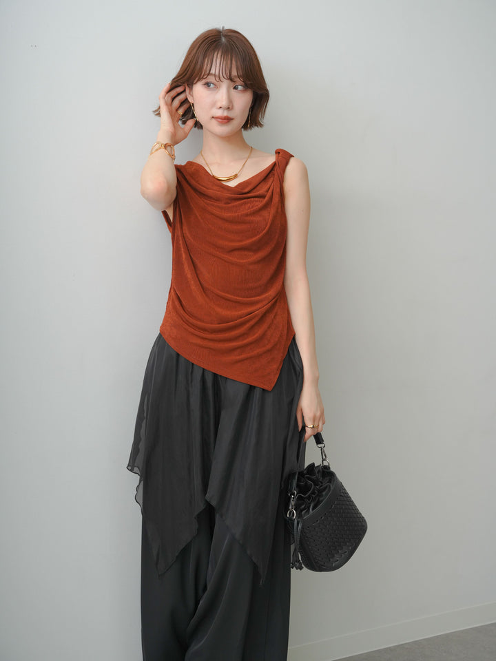 [予約]ツイストショルダーアシメドレープトップス/brown