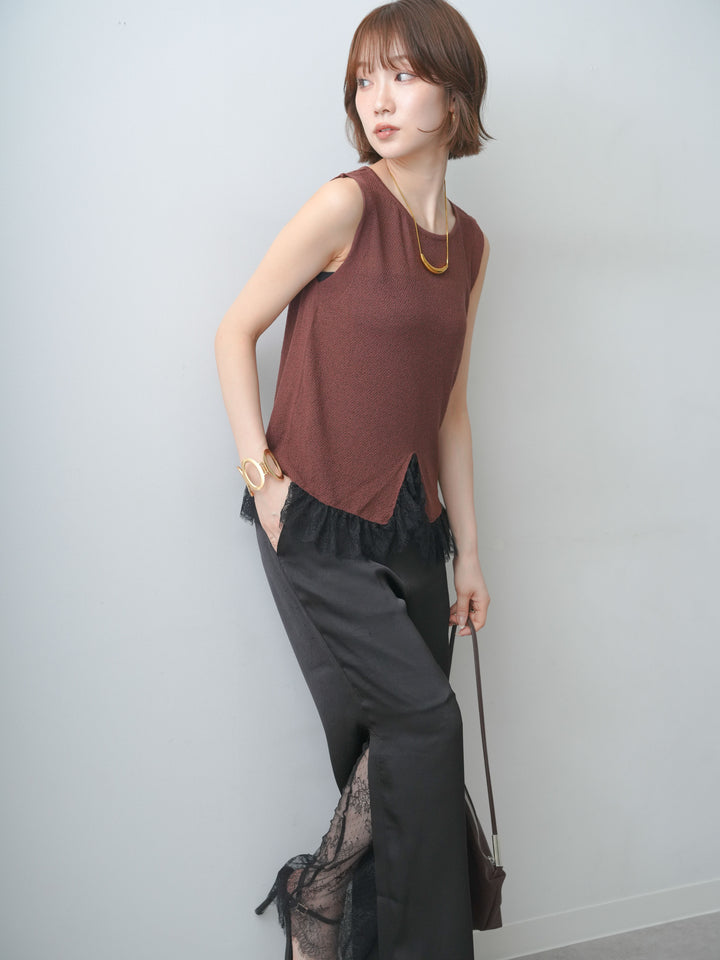 [予約]レースドッキングノースリニットトップス/brown