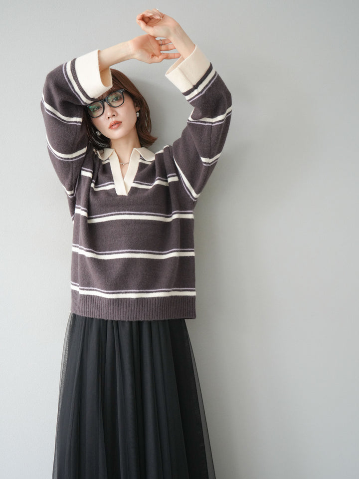 [SET]ポロ襟スキッパーボーダーニットプルオーバー+チュールボリュームスカート(2set)