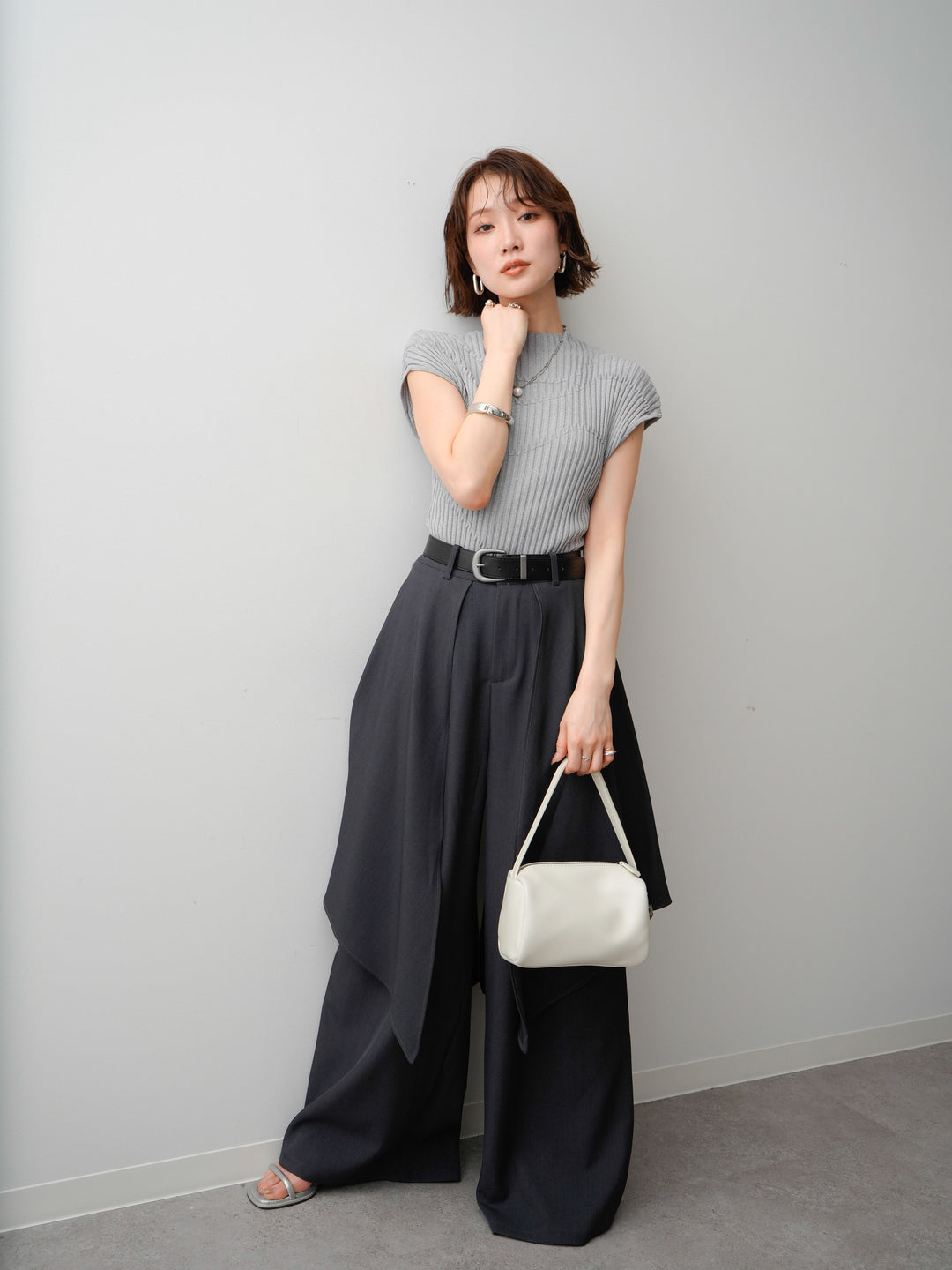 [予約]モードラインリブフレンチニットトップス/gray