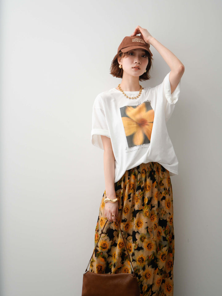 【着回しセット】フラワーフォトTEE+フラワープリントドレープタックパンツ+フラワープリントIラインギャザースカート(3set)