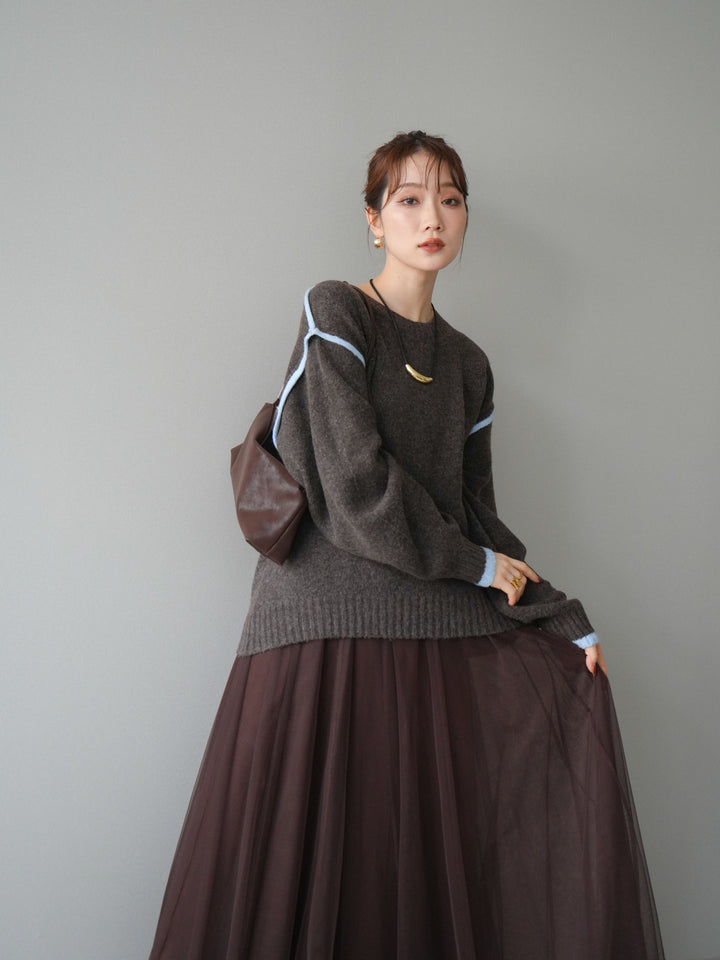 [予約]バイカラーパイピングニットプルオーバー/brown