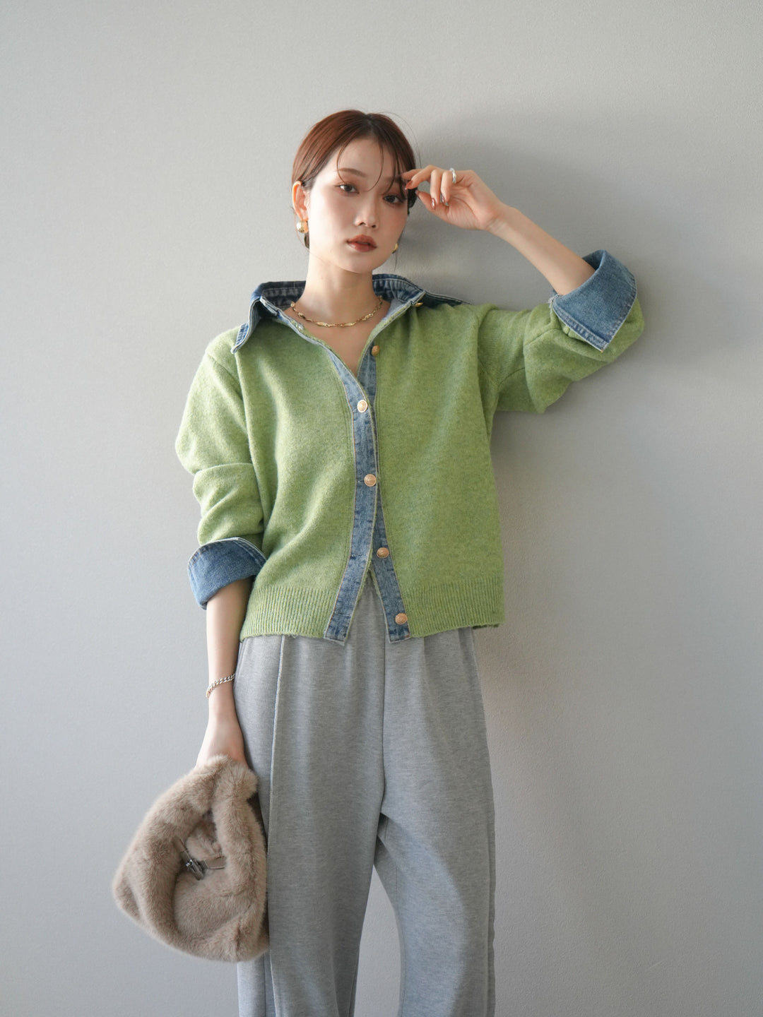 [予約]デニム襟ボタンニットカーディガン/pistachio