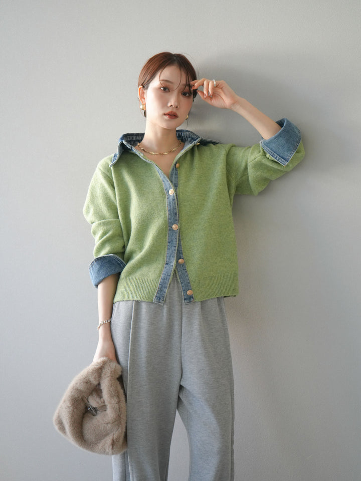 [予約]デニム襟ボタンニットカーディガン/pistachio