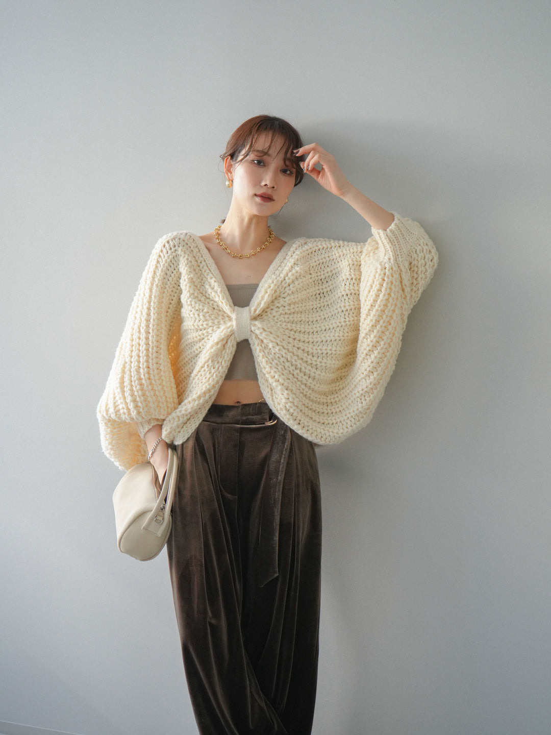 [SET]ローゲージ畦編みドルマンニットボレロ+選べるアクセセット(2set)