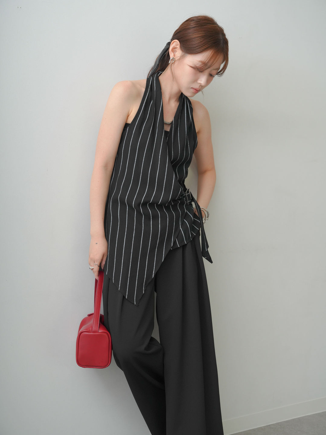 [SET]ストライプカシュクールジレ+クレープデシンタックワイドパンツ(2set)