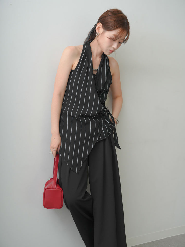 [SET]ストライプカシュクールジレ+クレープデシンタックワイドパンツ(2set)