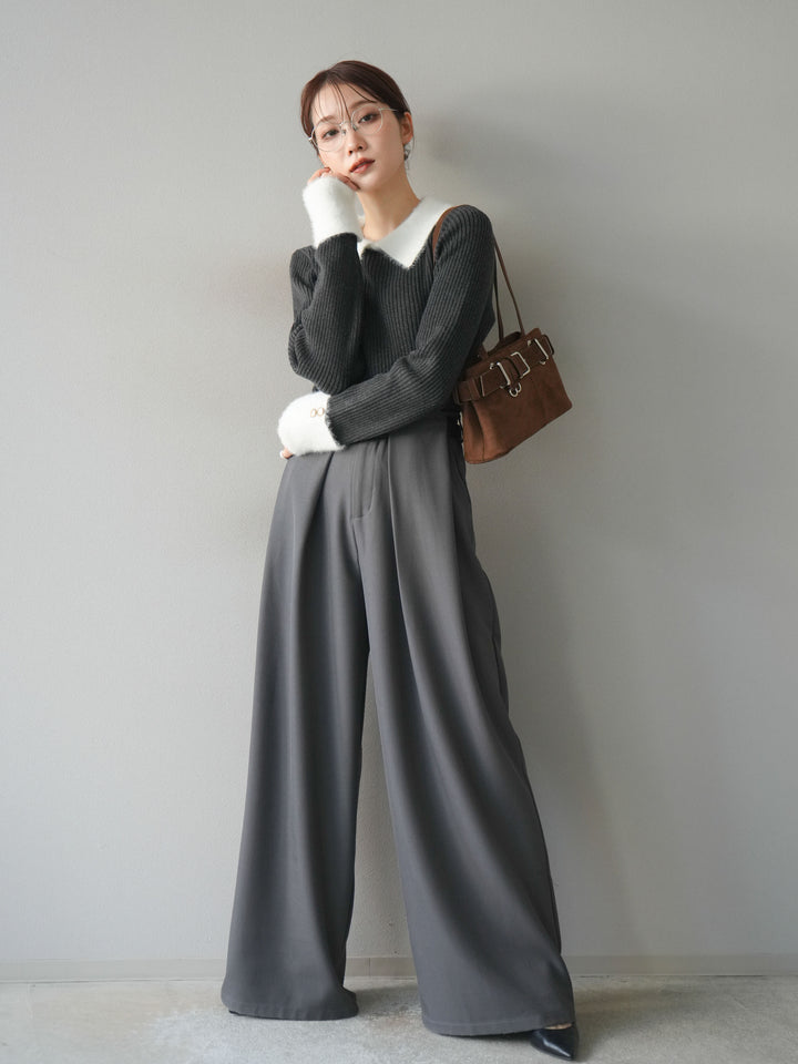 [SET]シャギー襟リブニットトップス+ベルトループデザインワイドパンツ(2set)