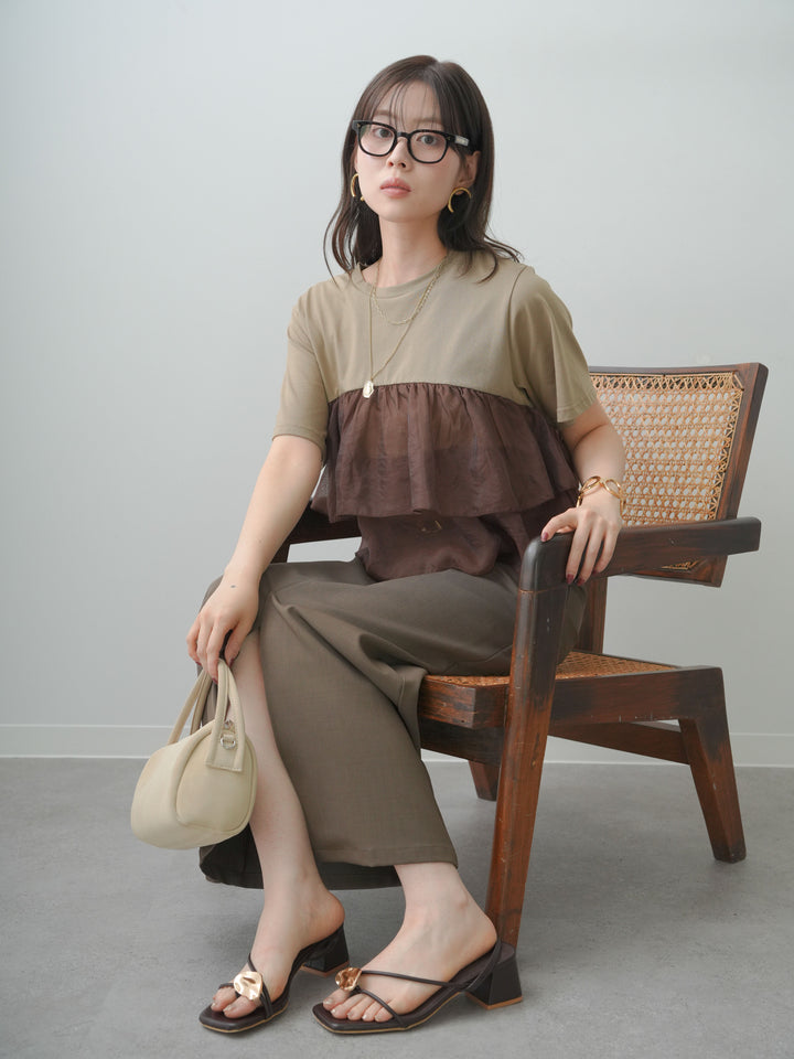 [SET]オーガンジーフリルドッキングTEE+クレープデシンフラップ付きストレートスカート(2set)