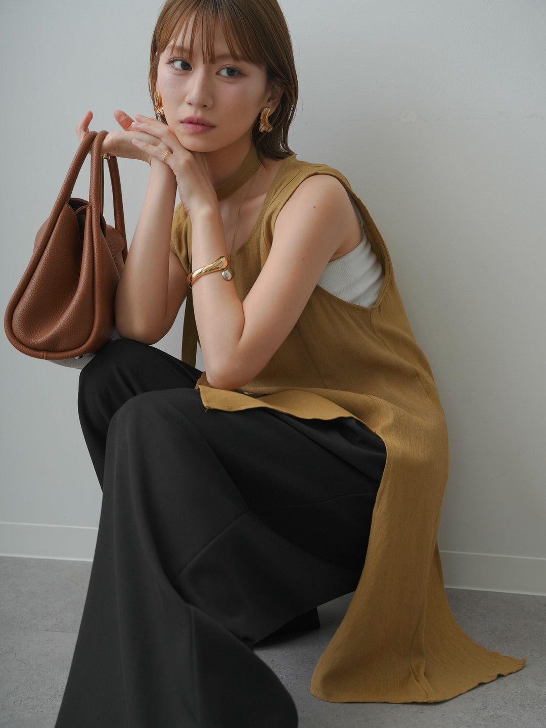 [SET]タイ付アシメヘムノースリトップス+ベルトループデザインワイドパンツ(2set)