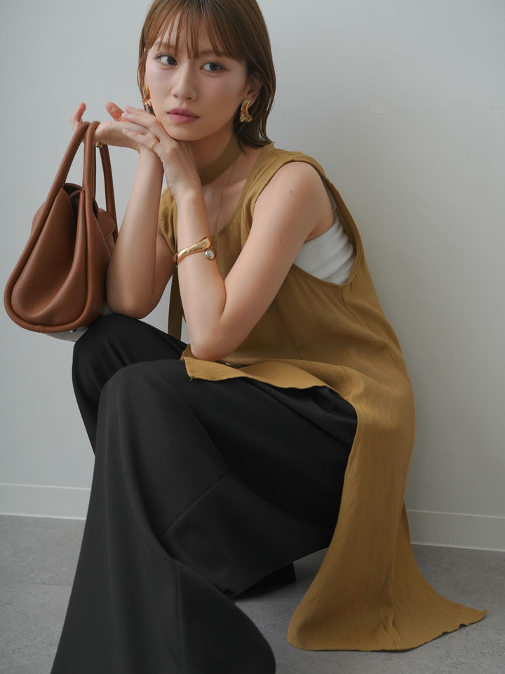 [SET]タイ付アシメヘムノースリトップス+ベルトループデザインワイドパンツ(2set)