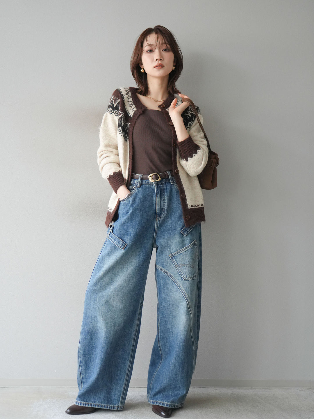[SET]ノルディック柄ニットカーディガン+ペインターカーブデニムパンツ(2set)