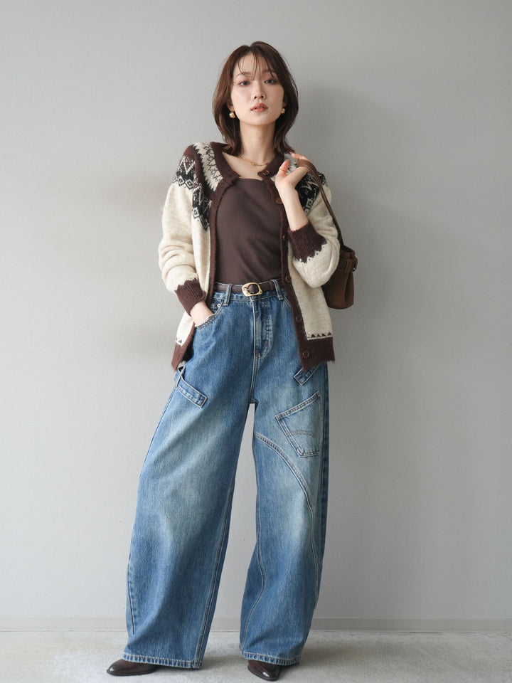 [SET]ノルディック柄ニットカーディガン+ペインターカーブデニムパンツ(2set)