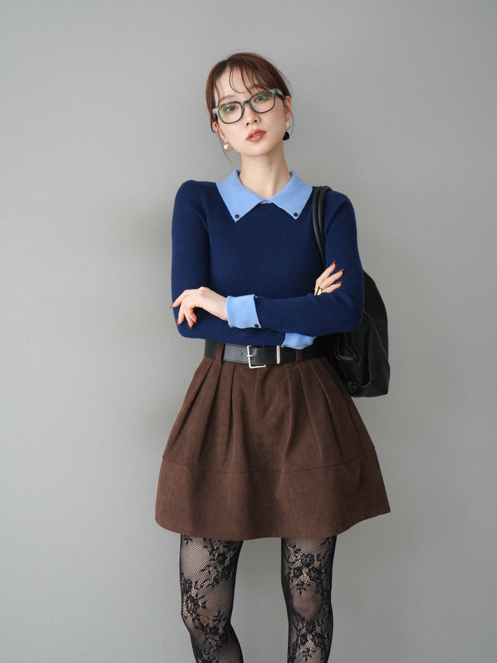 [予約]ニットカフス襟付き配色リブニットトップス/navy