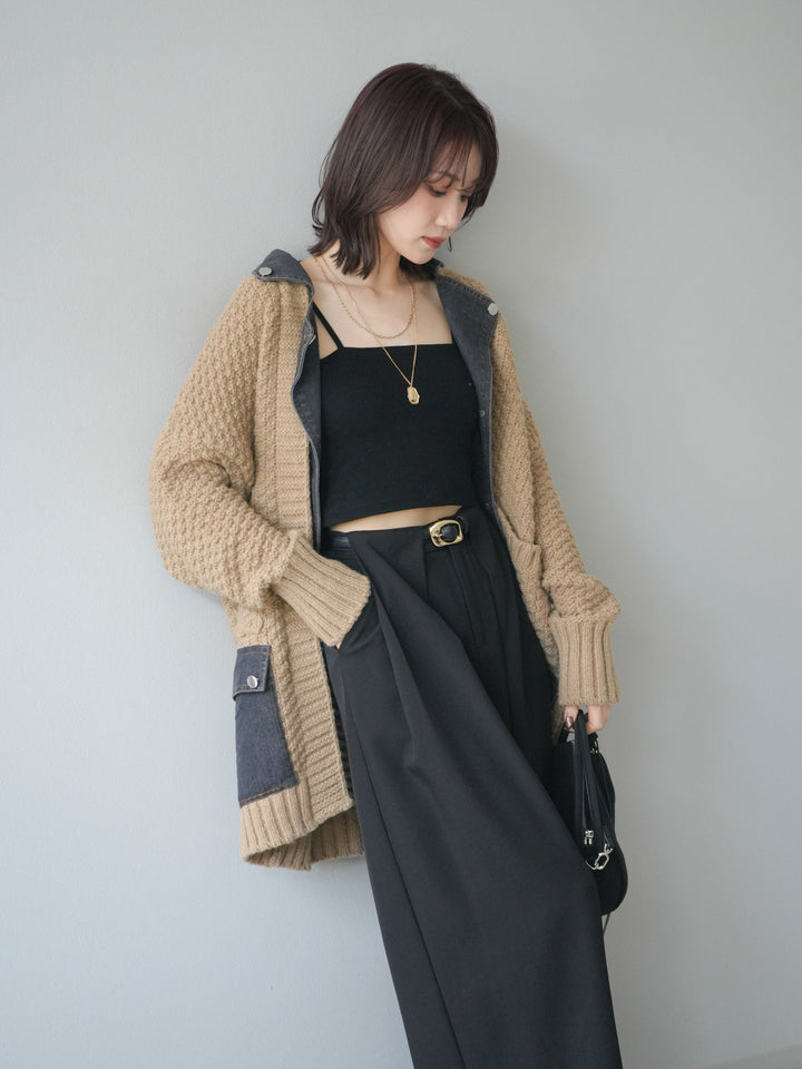 [SET]デニム襟レイヤードニットジャケット+ベルトループデザインワイドパンツ(2set)