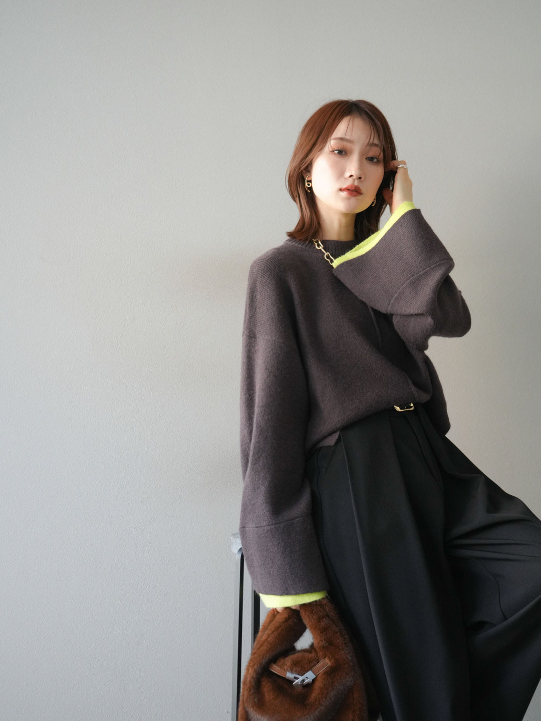 [予約]袖レイヤード配色ニットプルオーバー/brown