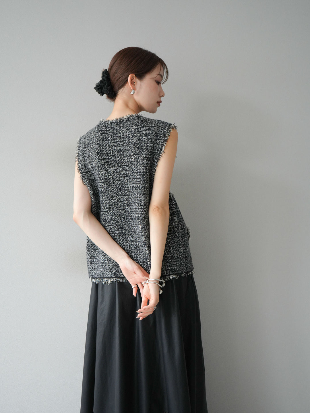 [予約]ミックスツイードフリンジニットベスト/ブラック