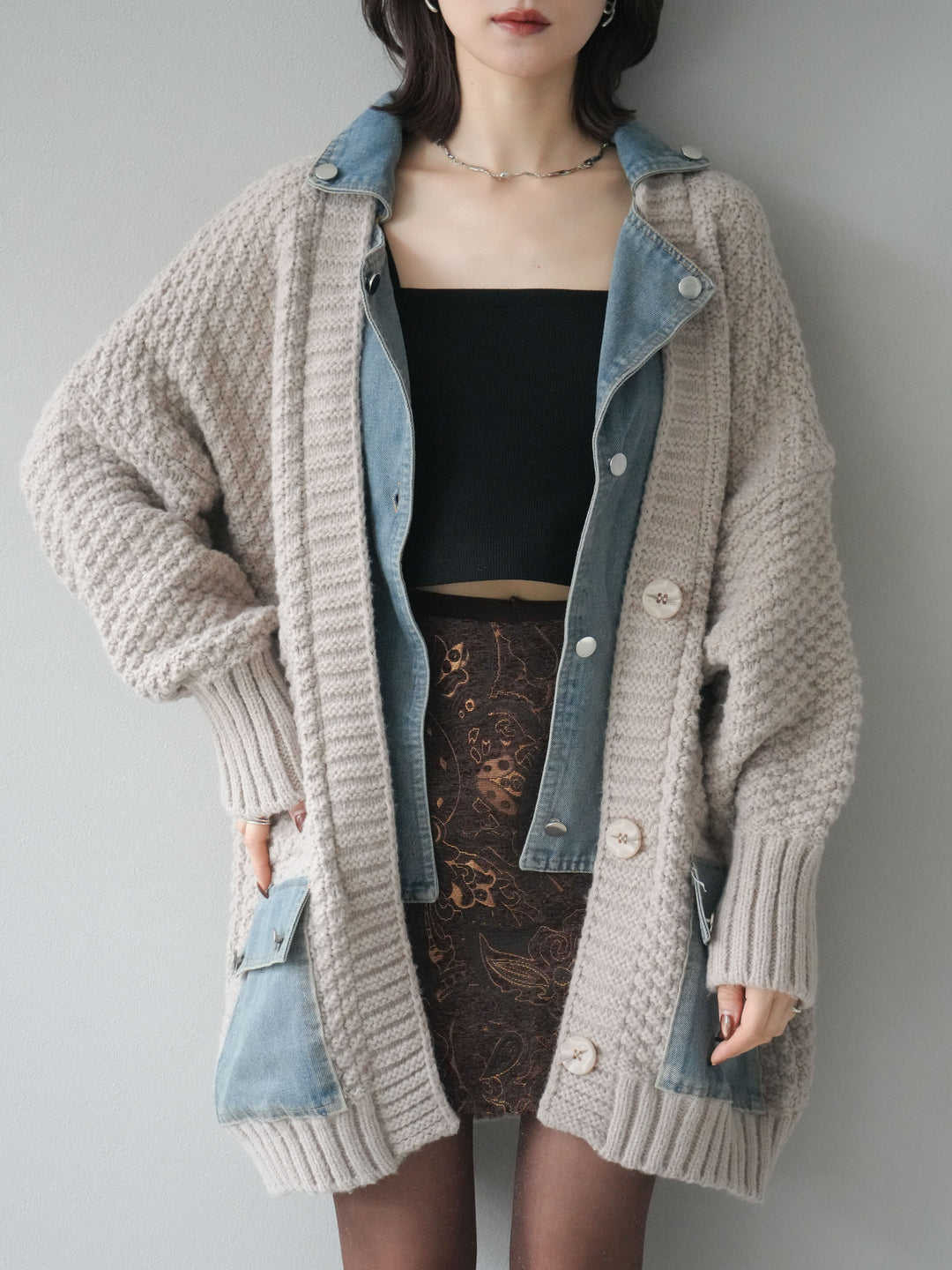 [SET]デニム襟レイヤードニットジャケット+デニム襟レイヤードニットジャケット(2set)