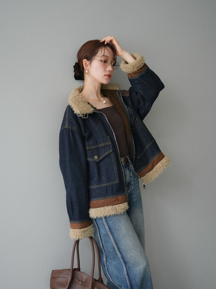 [予約]スタンドカラーファー×デニムジャケット/indigo
