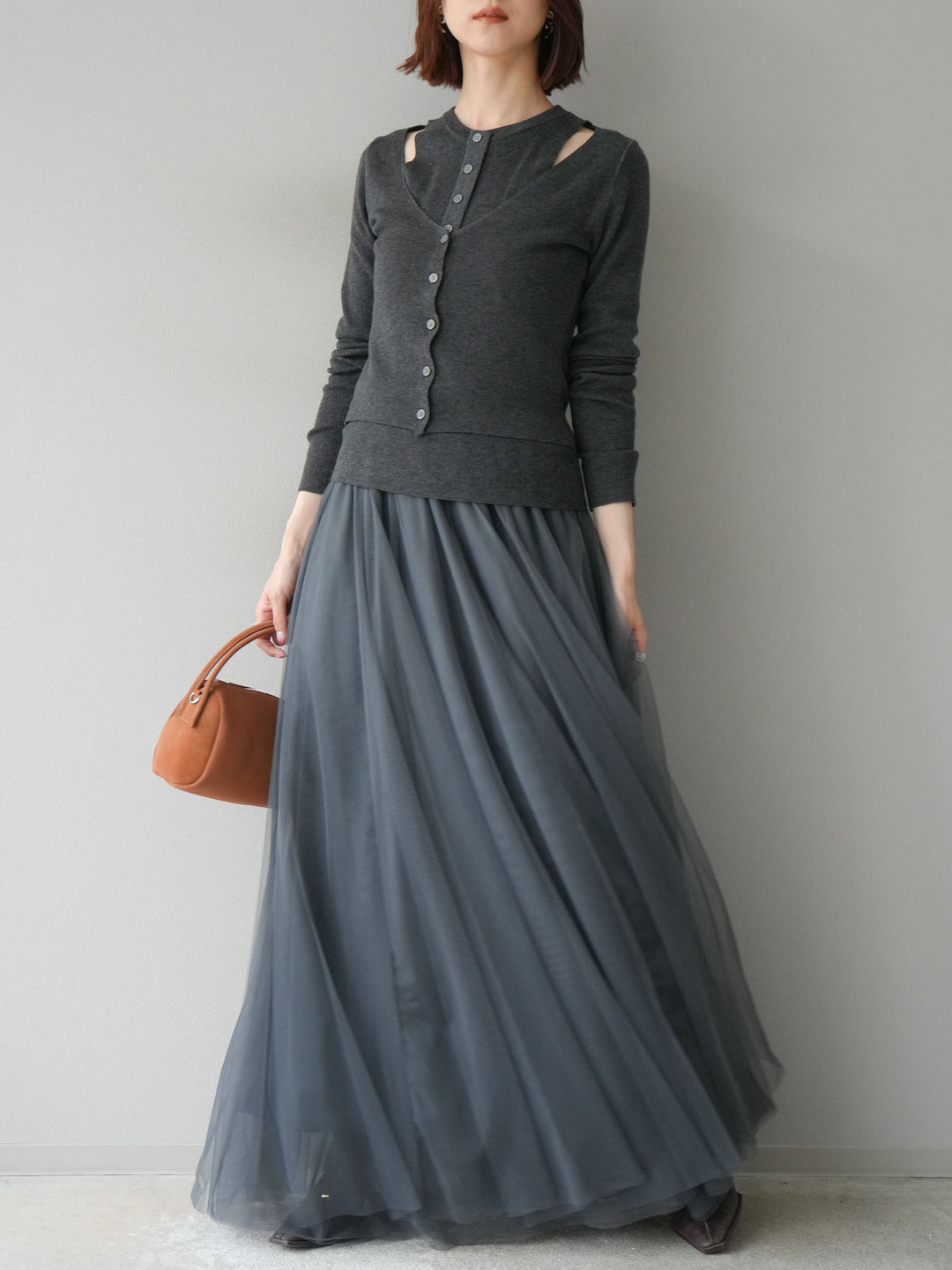 [予約]レイヤードデザインニットカーディガン/チャコール