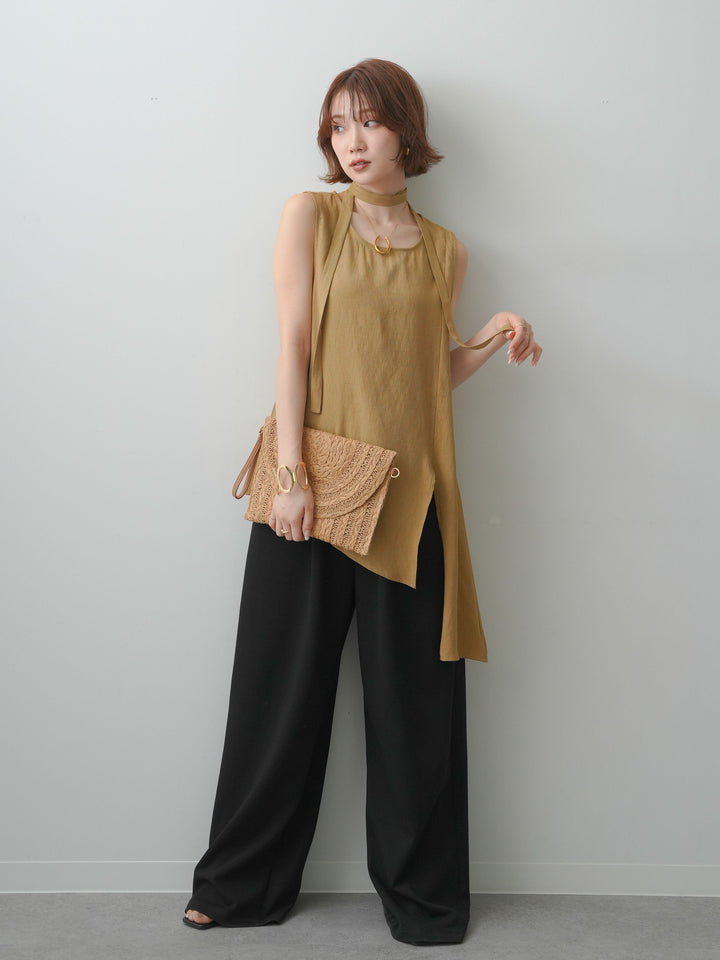 [SET]タイ付アシメヘムノースリトップス+リラックスドレープスウェットパンツ(2set)
