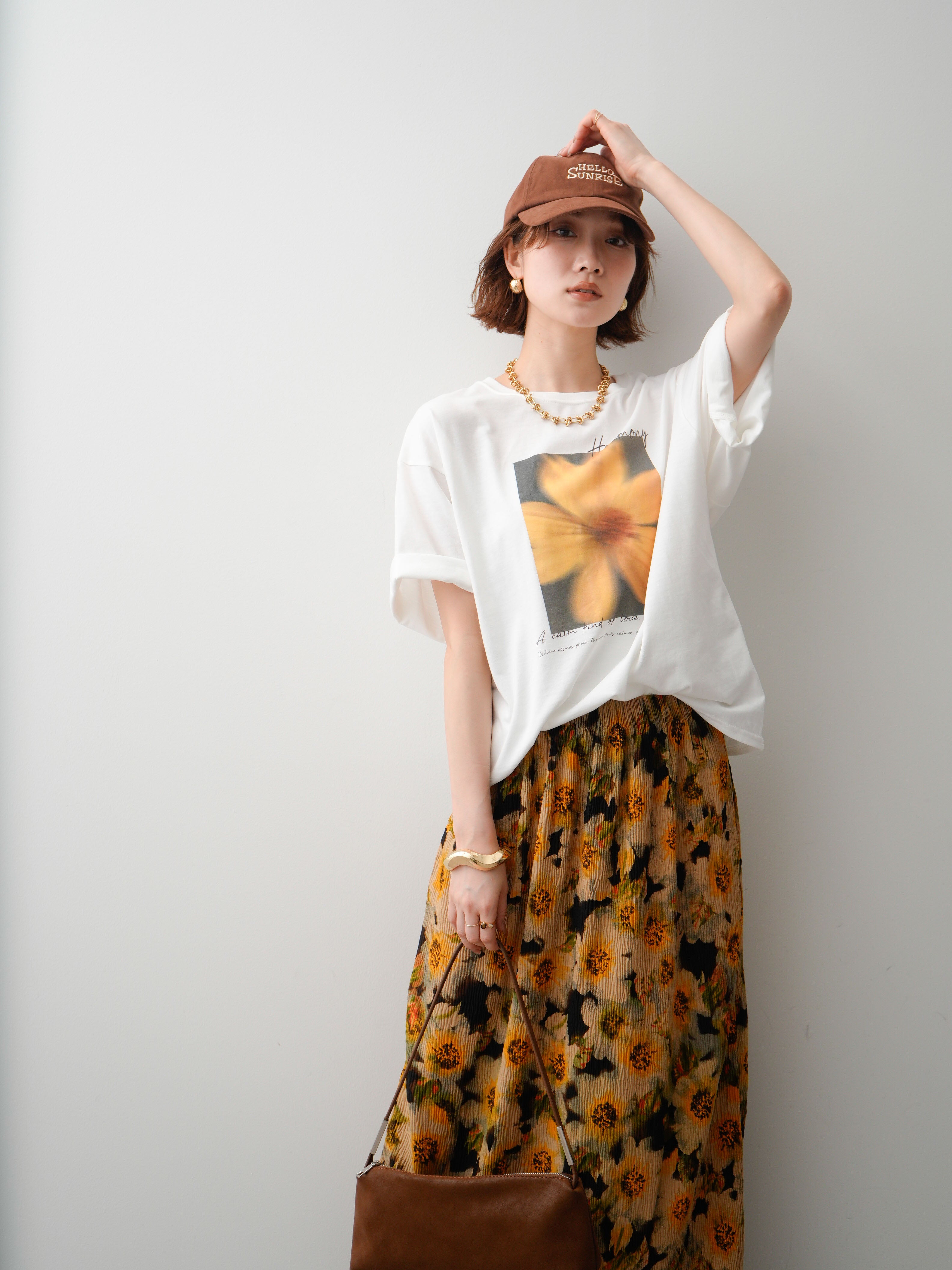SET]フラワーフォトTEE+フラワープリントIラインギャザースカート(2set