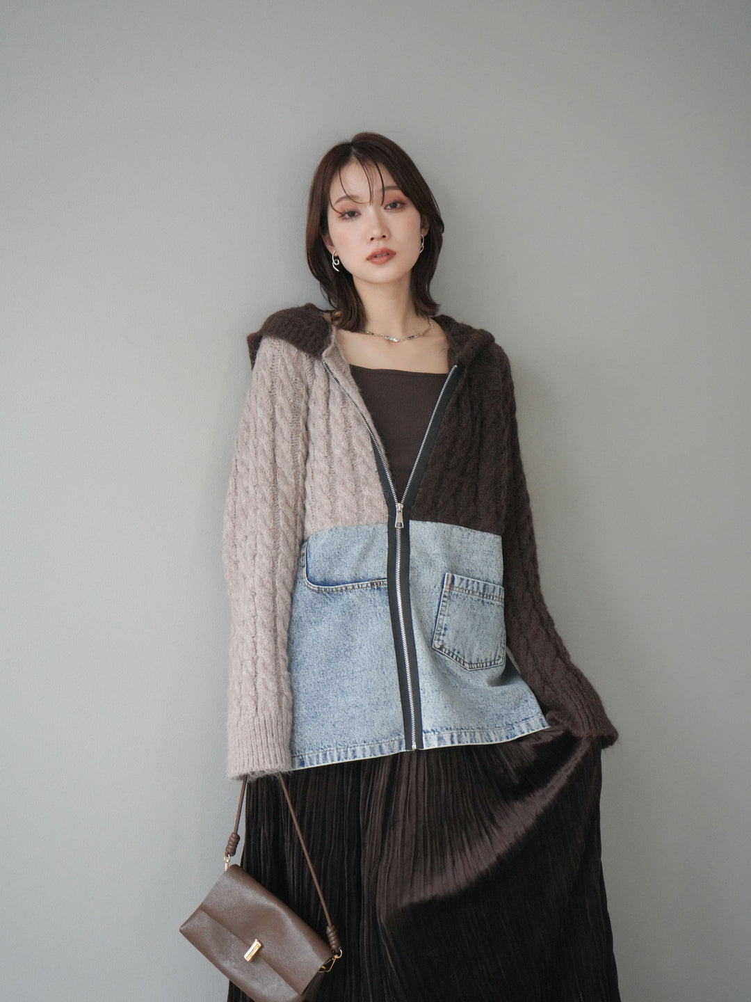[予約]デニム×バイカラーニットZIPフーディ/brown