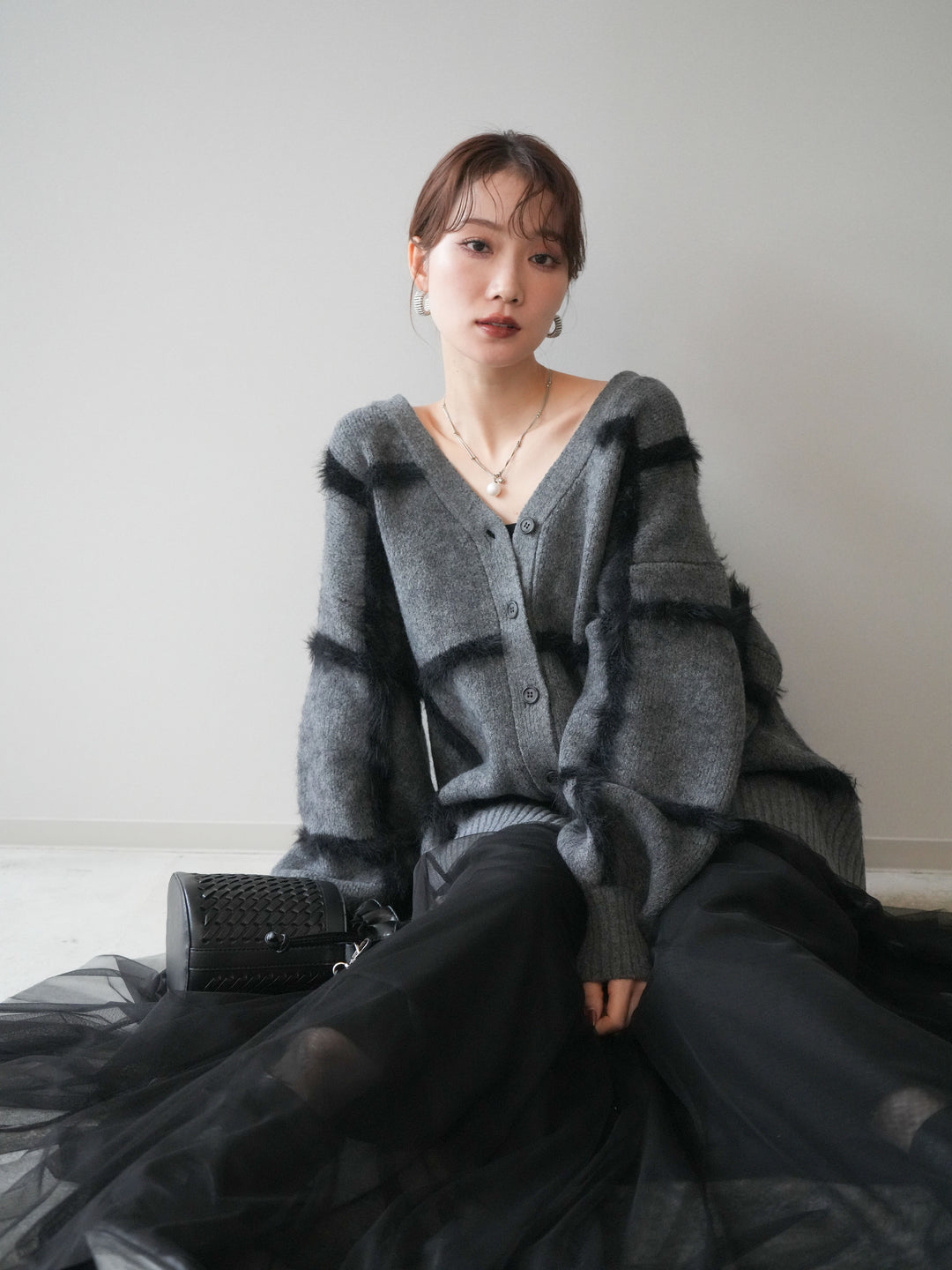 [予約]ミックスシャギーチェックカーディガン/charcoal