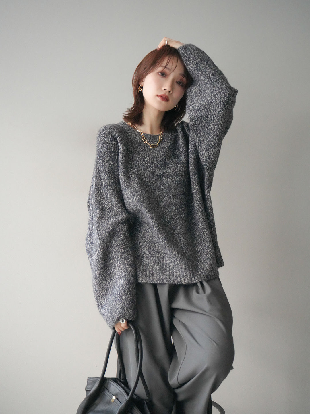 [予約]クルーネック畦編みミックスニット/navy