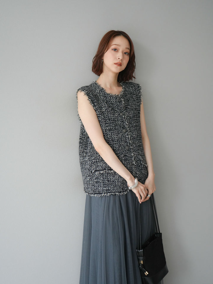 [予約]ミックスツイードフリンジニットベスト/ブラック