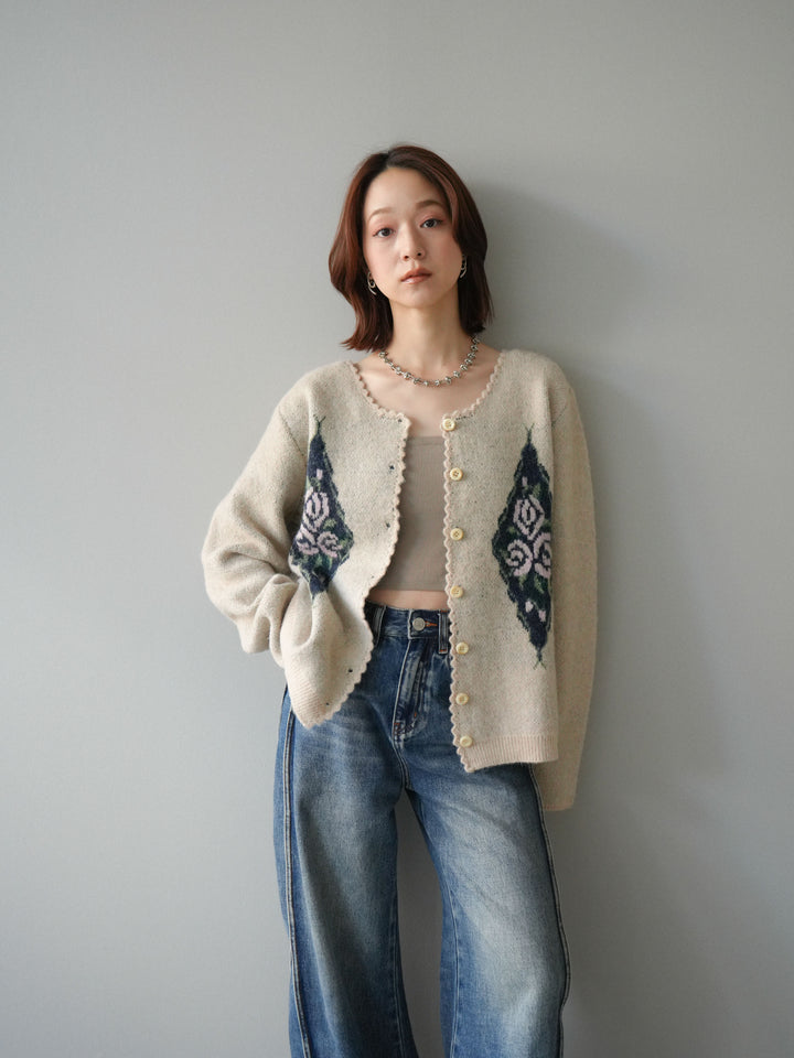 [予約]アンティークフラワージャガードニットカーディガン/ivory