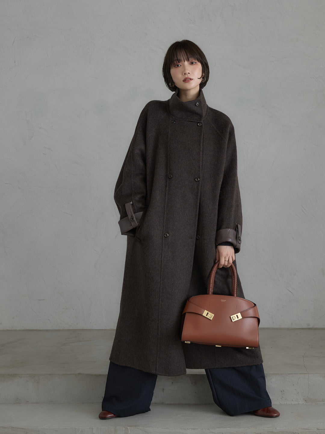 [予約]レザー切替ウールロングコート/darkbrown