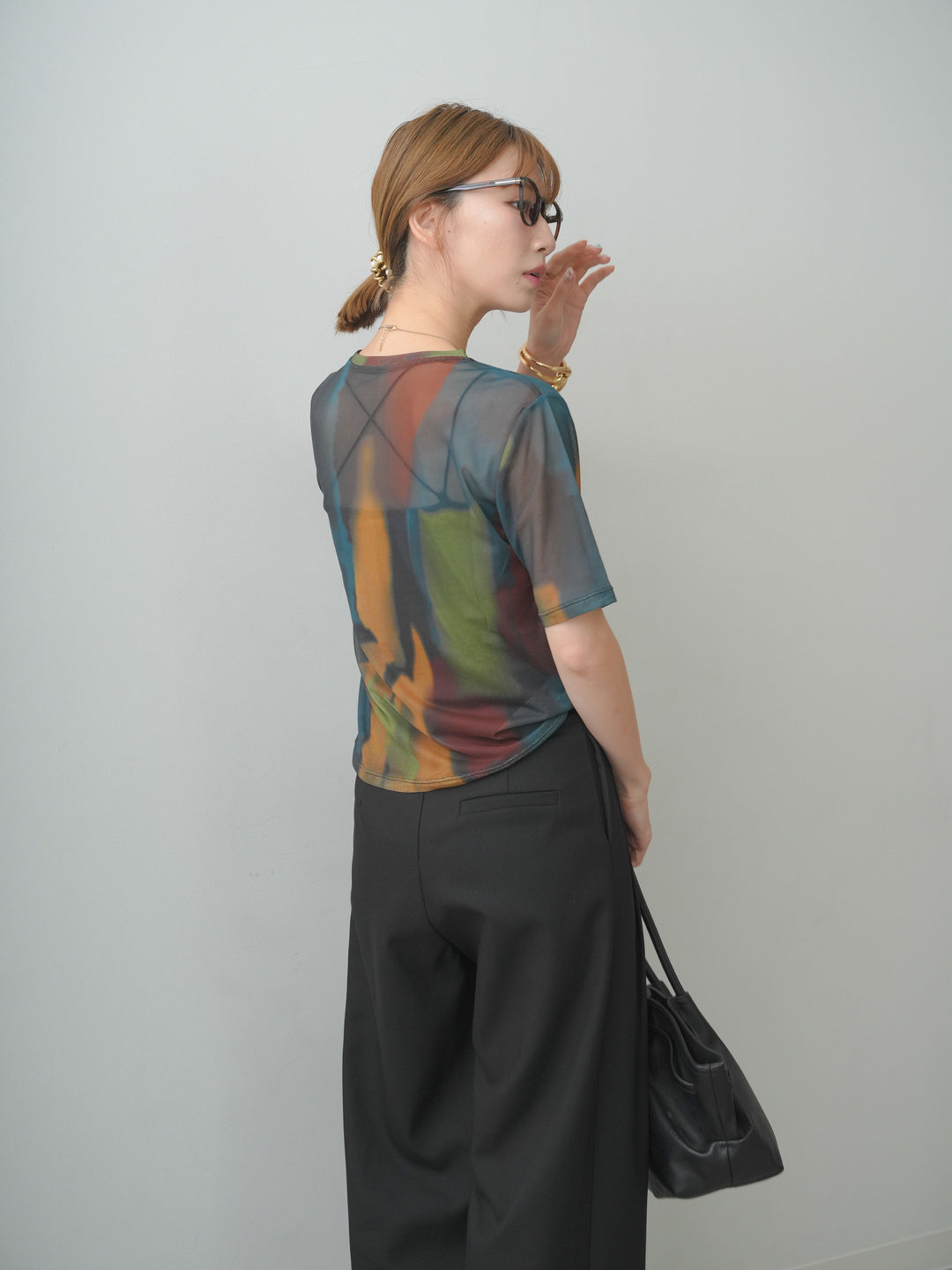 [SET]水彩アートシアーTシャツ+アシンメトリーベルトタックワイドパンツ(2set)