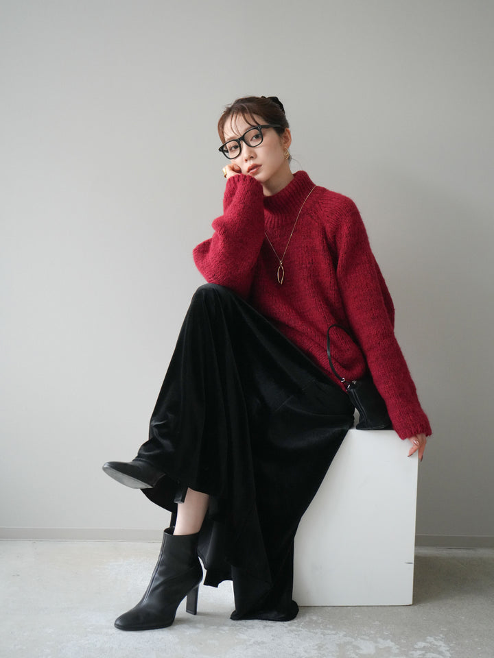 [予約]アシンメトリーハイネックニットプルオーバー/red