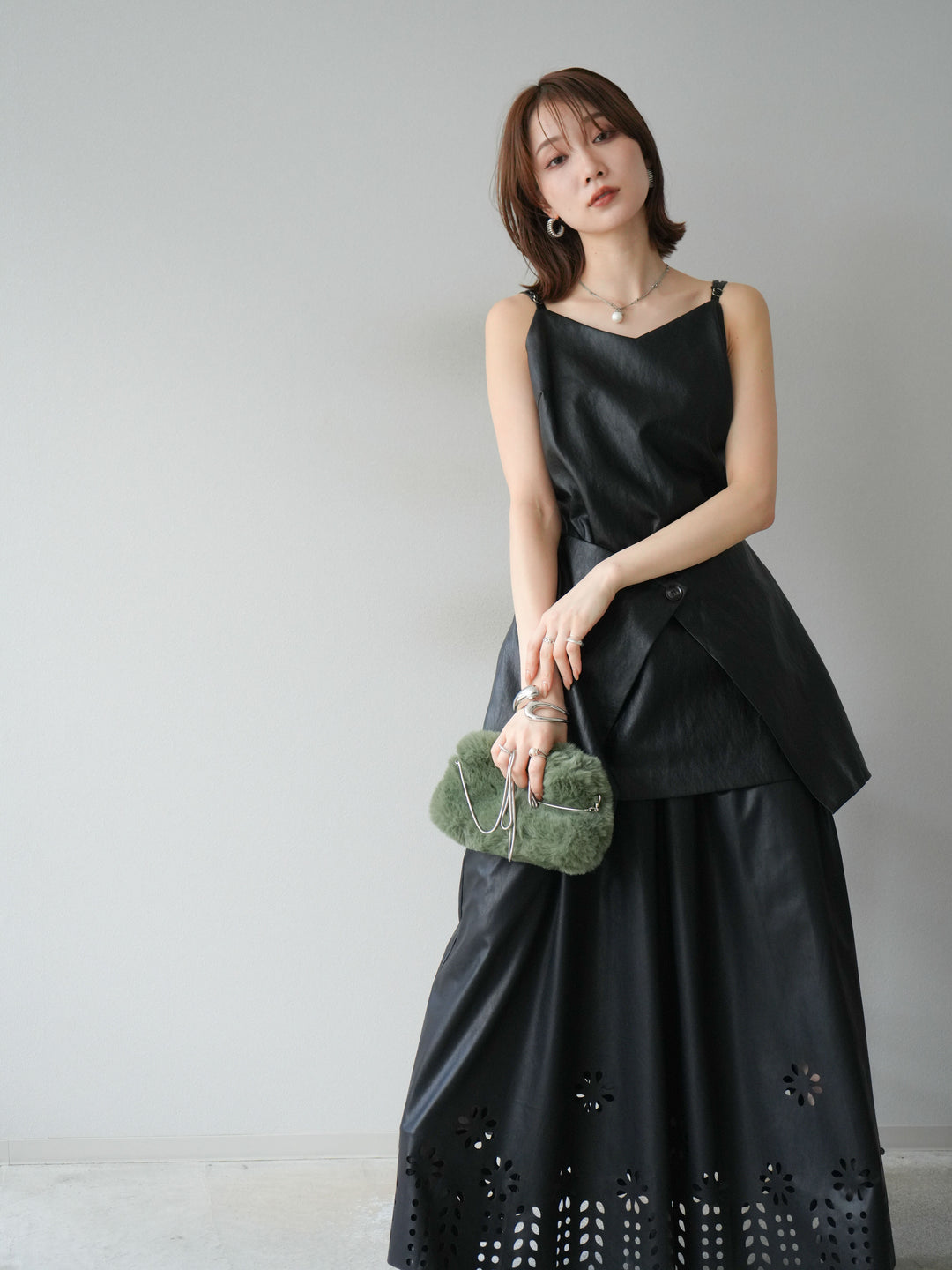 [予約]レイヤードレザーキャミソールチュニック/ブラック