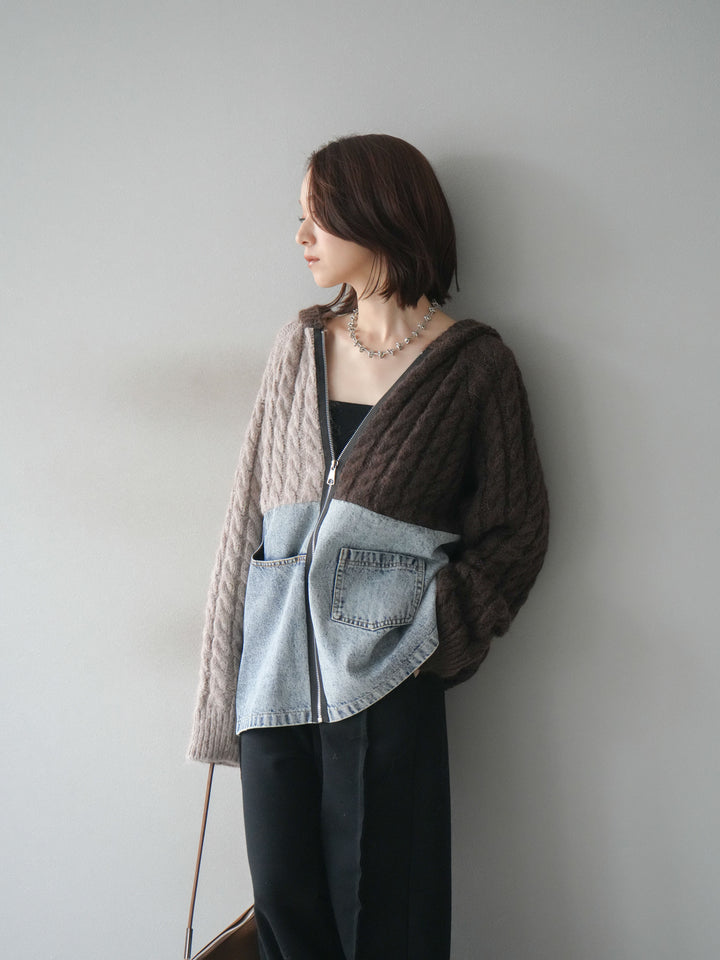 [予約]デニム×バイカラーニットZIPフーディ/brown