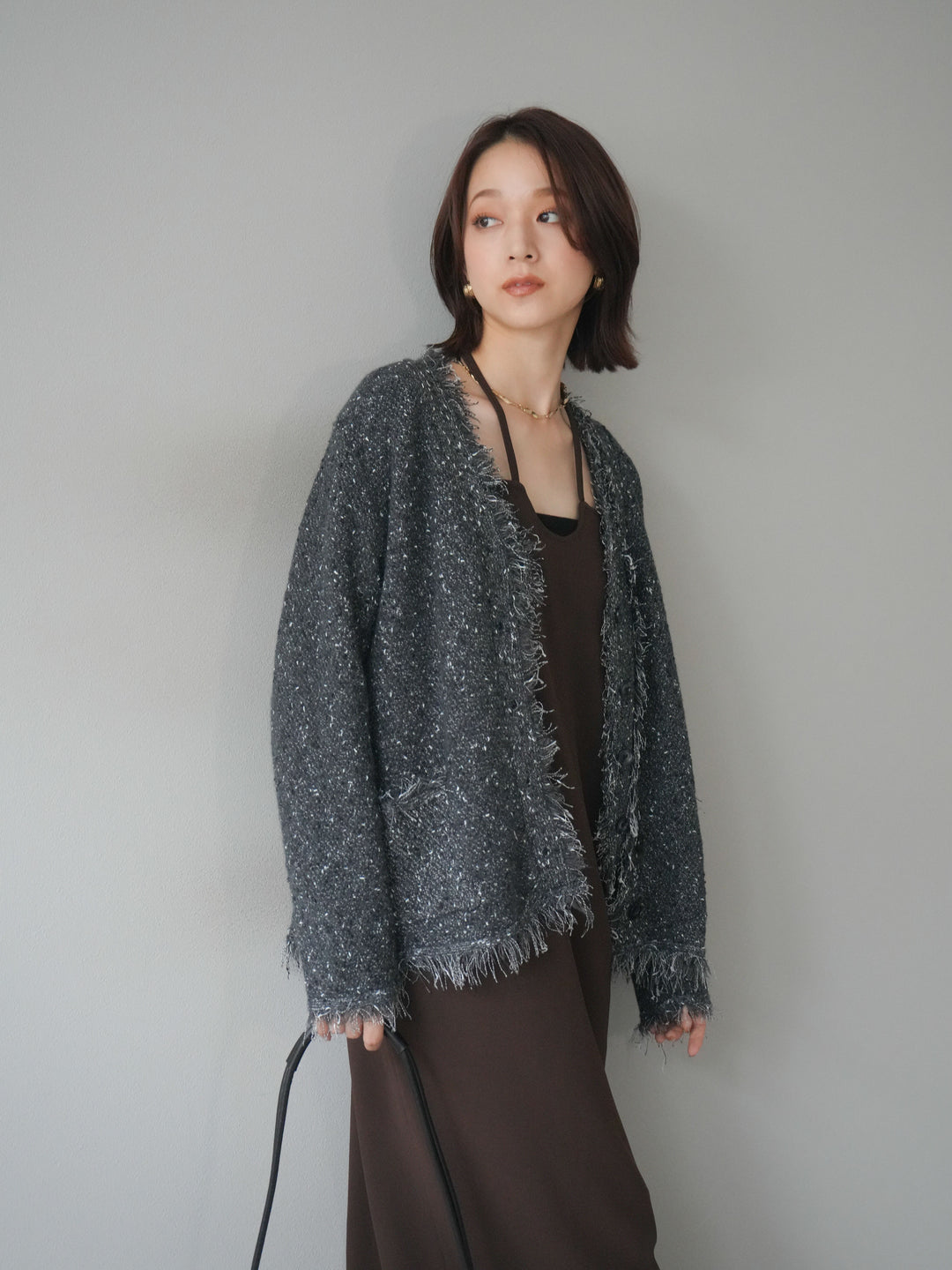 [予約]ネップフリンジニットカーディガン/ gray