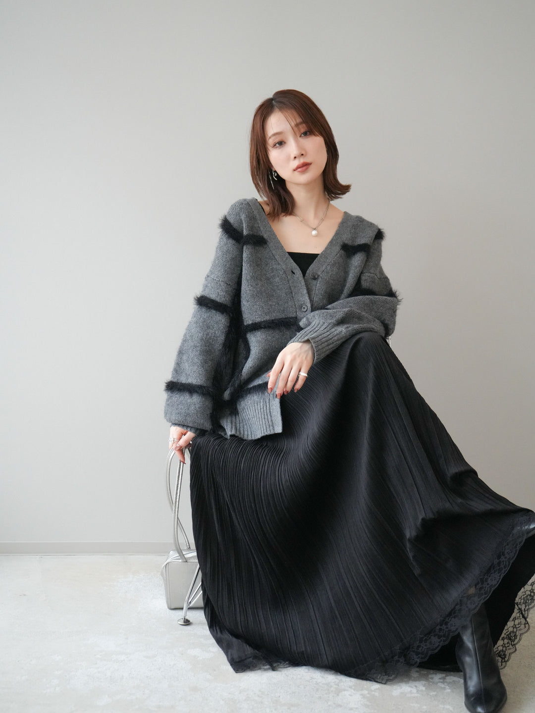 [予約]ミックスシャギーチェックカーディガン/charcoal