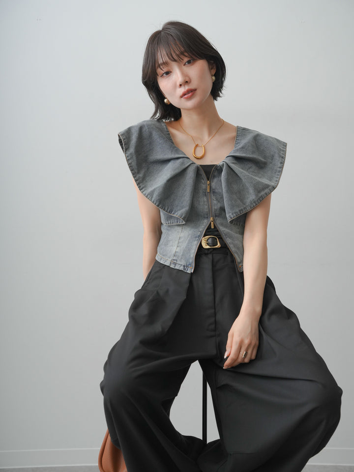 [SET]フロントジップフリルカラーデニムトップス+ショルダータックノースリーブオーバーTEE+ベルトループカーブタックワイドパンツ(3set)