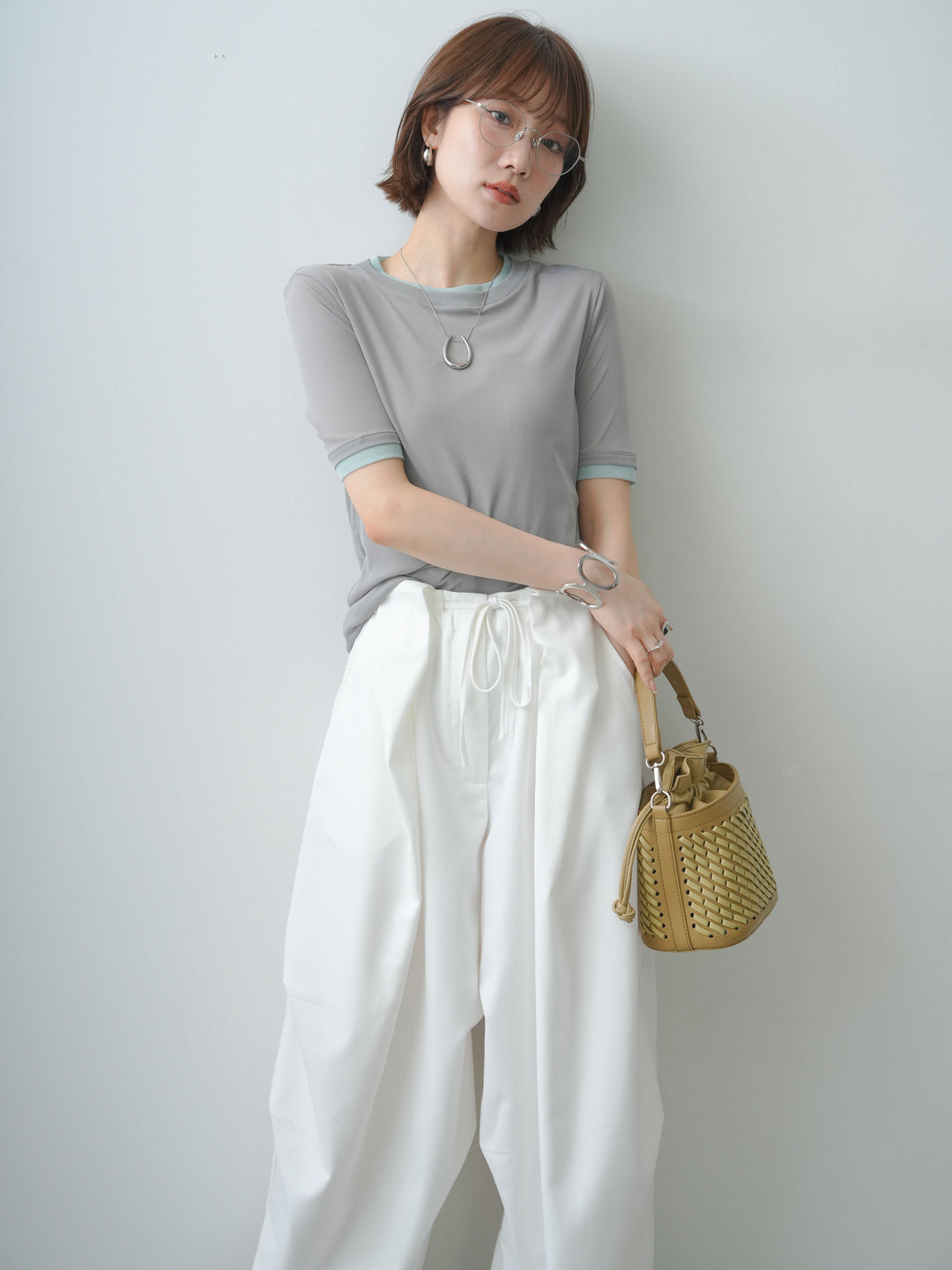 [予約]トリムレイヤードシアー半袖トップス/gray