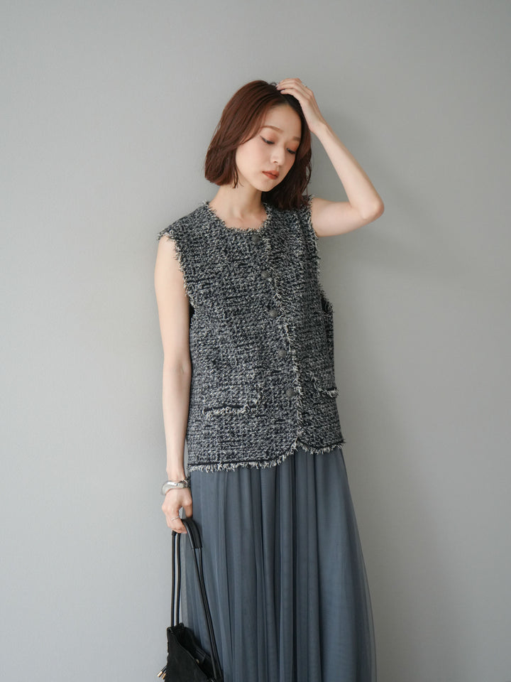 [予約]ミックスツイードフリンジニットベスト/ブラック
