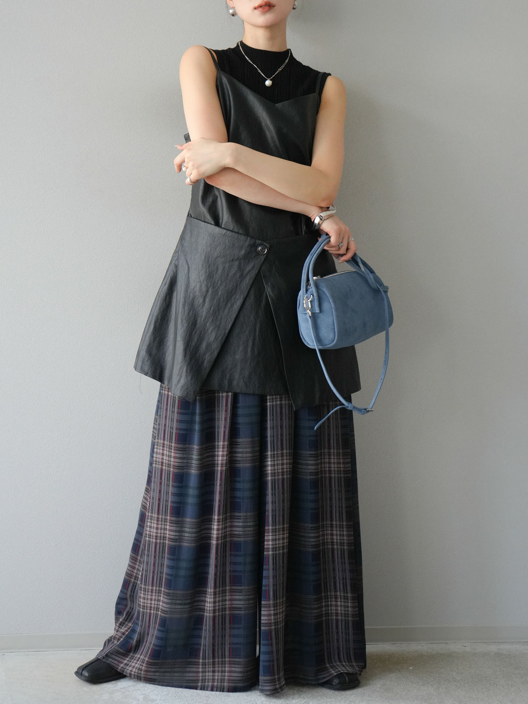 [予約]レイヤードレザーキャミソールチュニック/ブラック