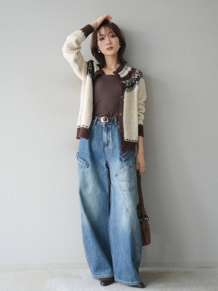 [SET]ノルディック柄ニットカーディガン+ペインターカーブデニムパンツ(2set)