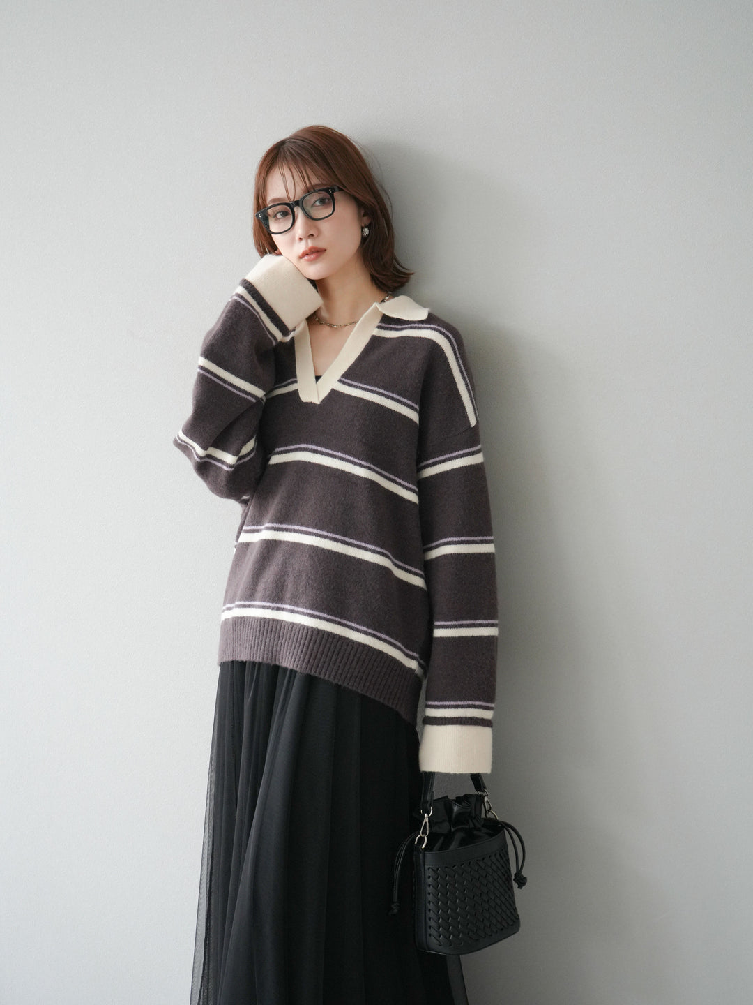 [SET]ポロ襟スキッパーボーダーニットプルオーバー+チュールボリュームスカート(2set)