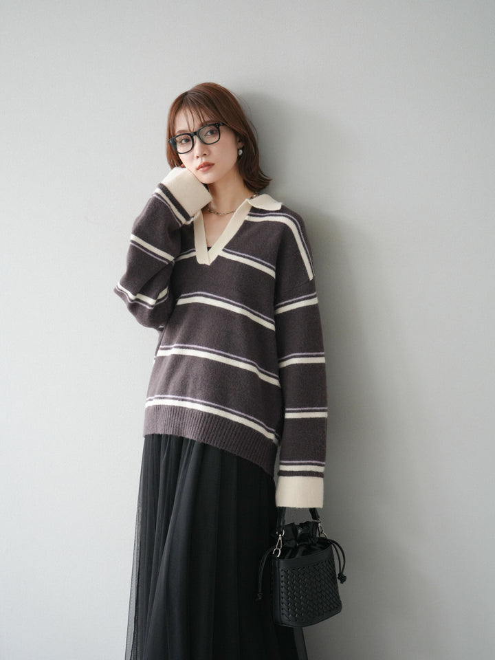 [SET]ポロ襟スキッパーボーダーニットプルオーバー+チュールボリュームスカート(2set)