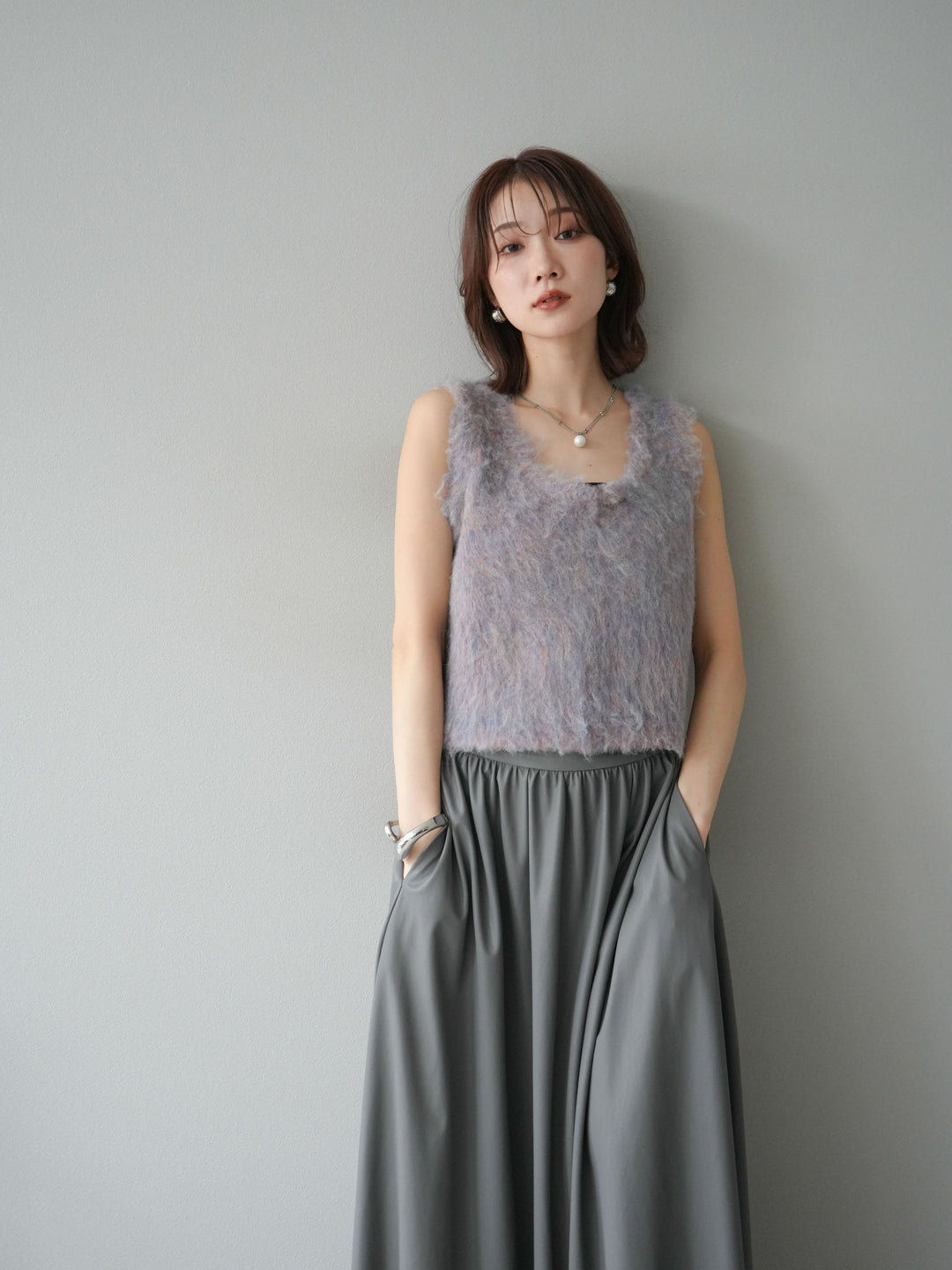 [予約]ミックスシャギーUネックベスト/グリーン