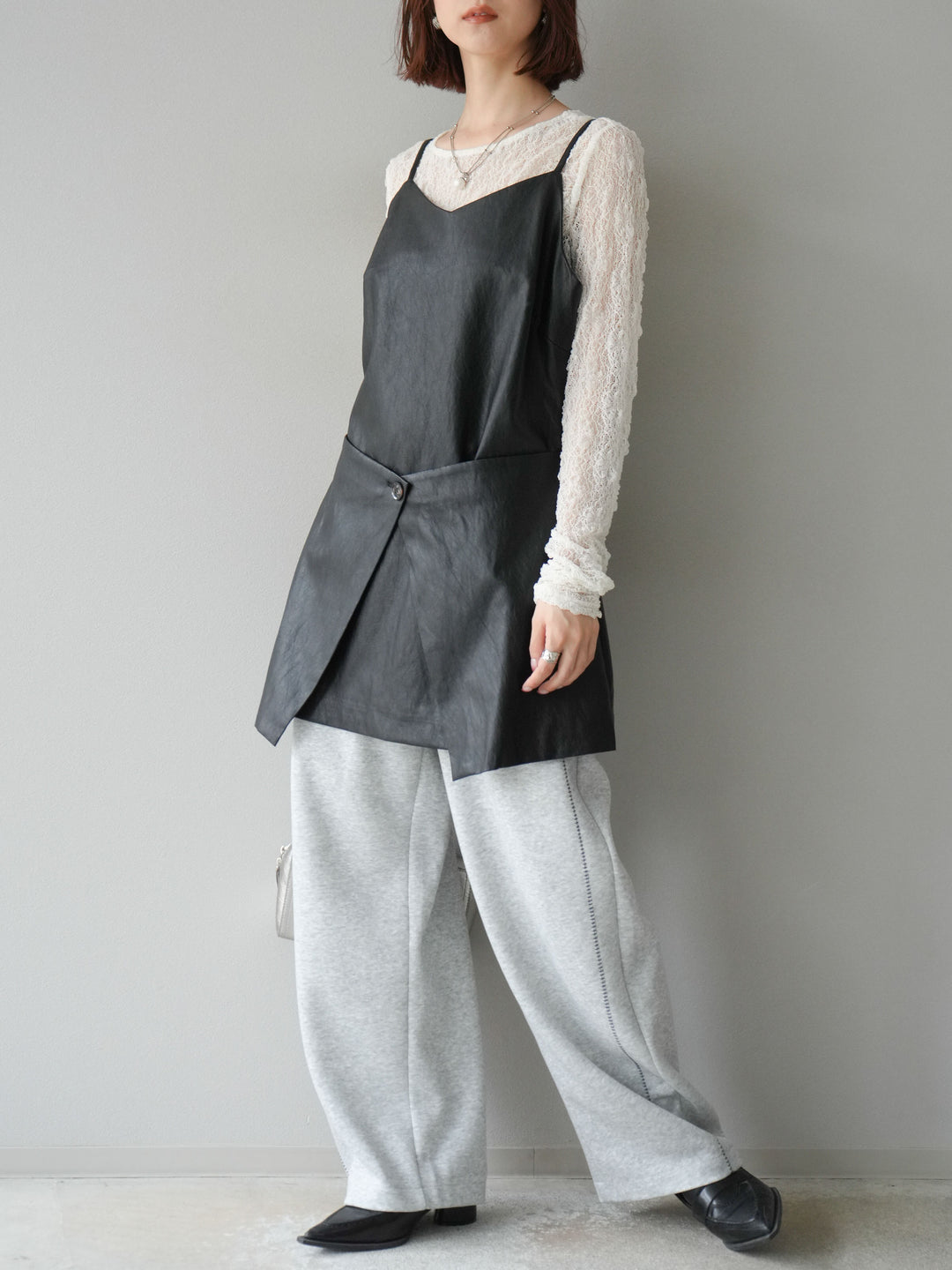 [予約]レイヤードレザーキャミソールチュニック/ブラック